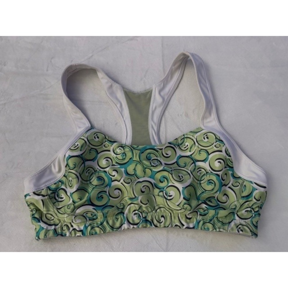 Moving Comfort Sports Bra 38B Green Blue Swirl Racerback Molded Cup 350085